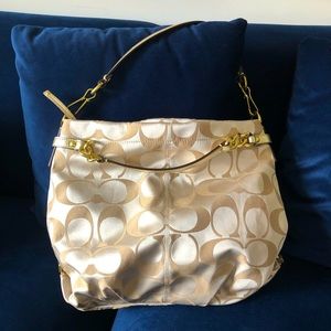 COACH Signature Monogram shoulder bag w/ gold hardware and gold leather details